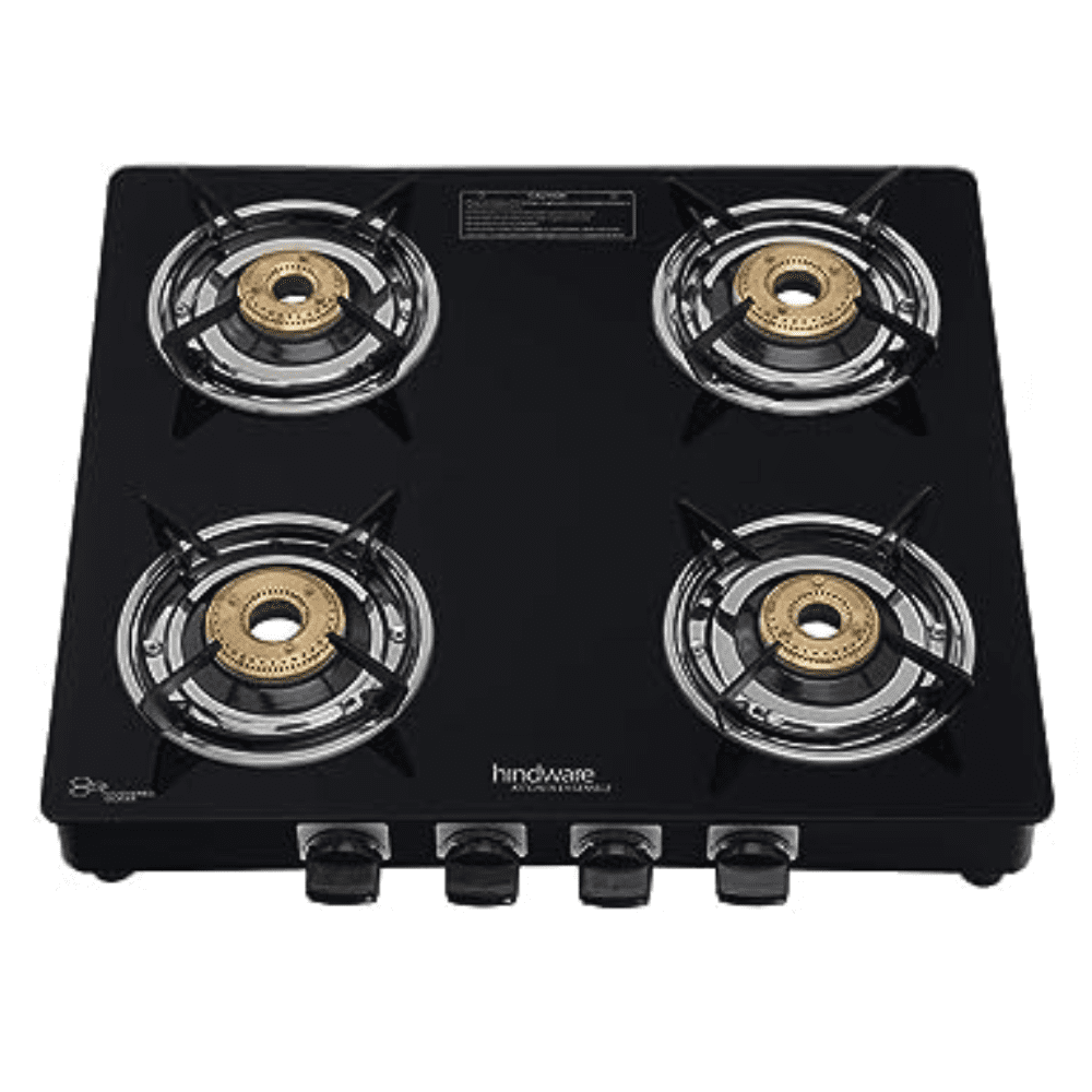 Hindware Cooktop, BRIO+ 4 B, 4 Burner 65 cm Manual Glass Top Stainless Steel Burners 3 Medium + 1 small Gas Stove (Grey)