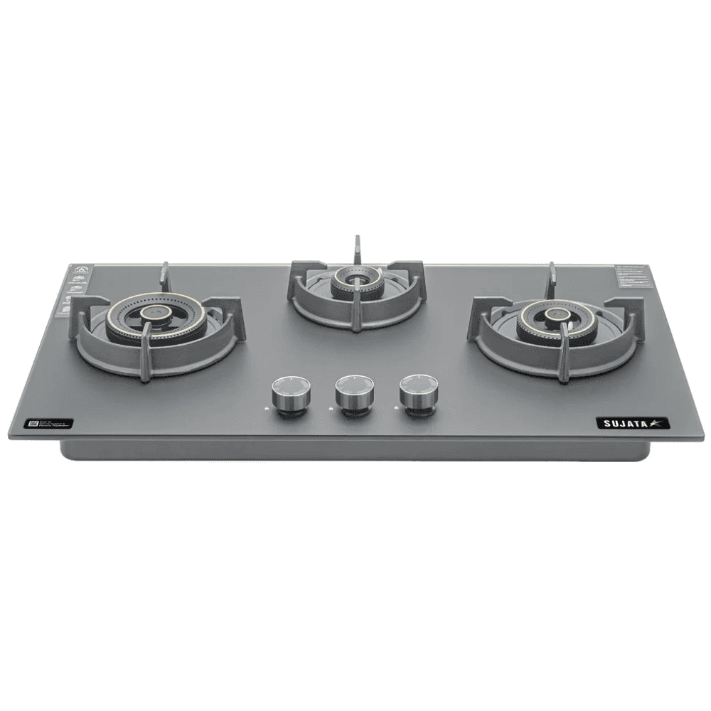 Sujata Hob, 3 Burner 78 cm Auto Ignition Glass Top Brass Burner 2 Medium + 1 small (Palladium FB 3B78, Black)