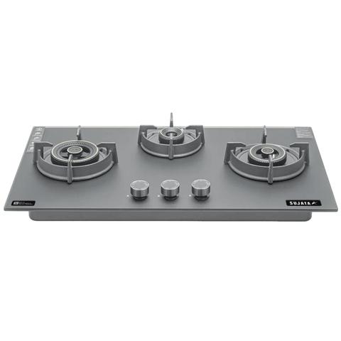 Sujata Hob, 3 Burner 78 cm Auto Ignition Glass Top Brass Burner 2 Medium + 1 small (Palladium FB 3B78, Black)