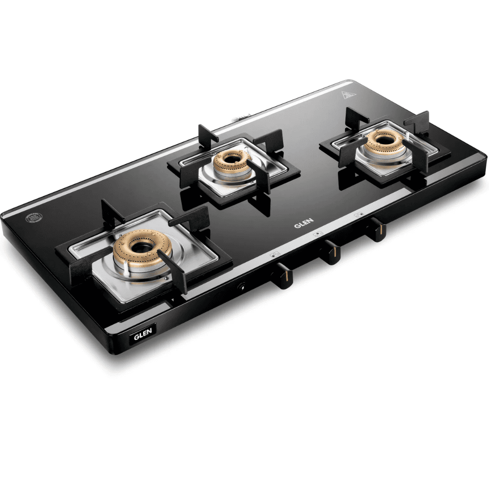 Glen Cooktop, 1035 ULTRA SLIM BLK AI, 3 Burner Auto Manual Ultra Slim Apricot Glass Top Brass Burner 1 Medium + 1 small +1 High Flame Gas Stove (Black)