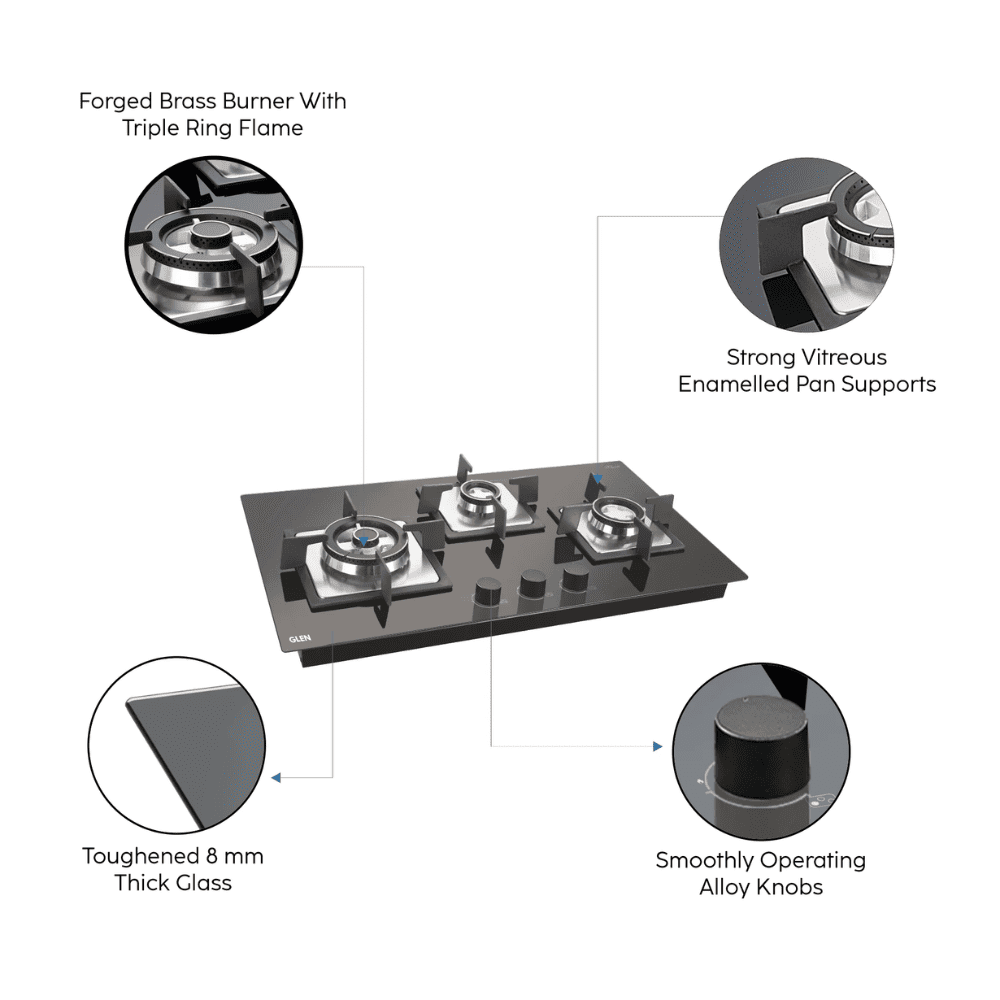 Glen Hob 1073 SQ HT DB, 3 burner 73 cm Auto Ignition Glass Stainless Steel Double Ring Forged Brass Burners 1 Medium +1 Small + 1 High Gas Stove (Black)