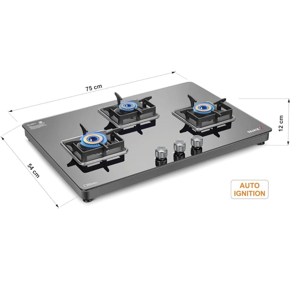 Sujata Cooktop Premium AI, 3 Burner Glass Top Auto Ignition Forged Brass Burner Gas Stove (Black)