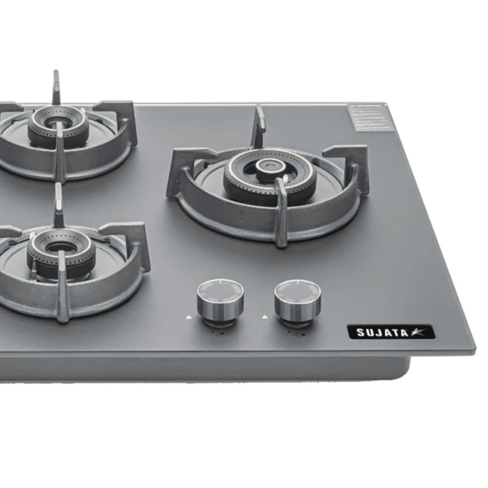 Sujata Hob, 4 Burner 60 cm Auto Ignition Glass Top Brass Burner 1 Larg+1 Medium + 2 small (Palladium FB 4B60, Black)