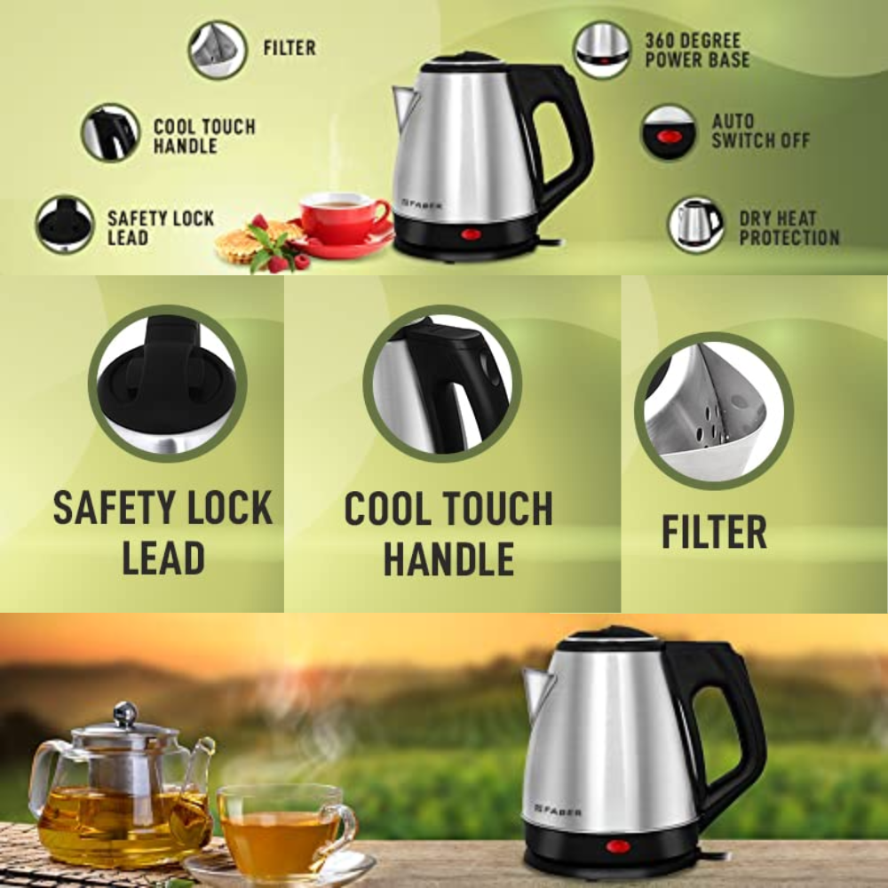 Faber FK 1.2 SS, 2200 Watts 1.2 Litres Stainless Steel Electric Kettle, SS Body Cool Touch Handle (Black)