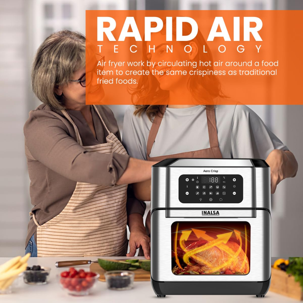 Inalsa Aero Crisp, 1500 Watts 12 Litres Electric Air Fryer, 10 Preset Menu (7-in-1, Black & Silver)