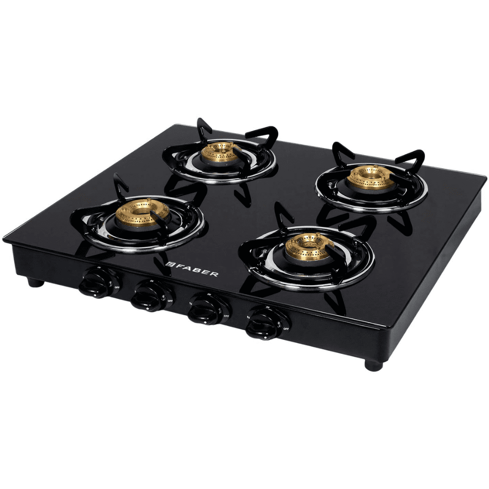 Faber Cooktop, POWER 4BB BK, 4 Burner 60 cm Manual Ignition Glass Top Brass Burners 1 Small + 2 Medium +1 Jumbo Gas Stove (Black)