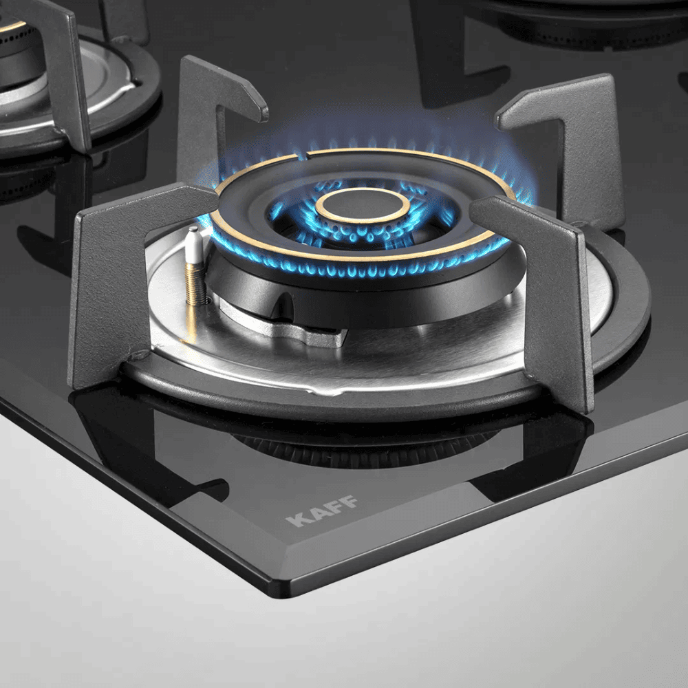 Kaff Hob, ALN784, 4 burner 78 cm Auto Electric Ignition 2 Triple & 2 Dual Ring Brass Burners 2 Medium + 2 Small (Black)
