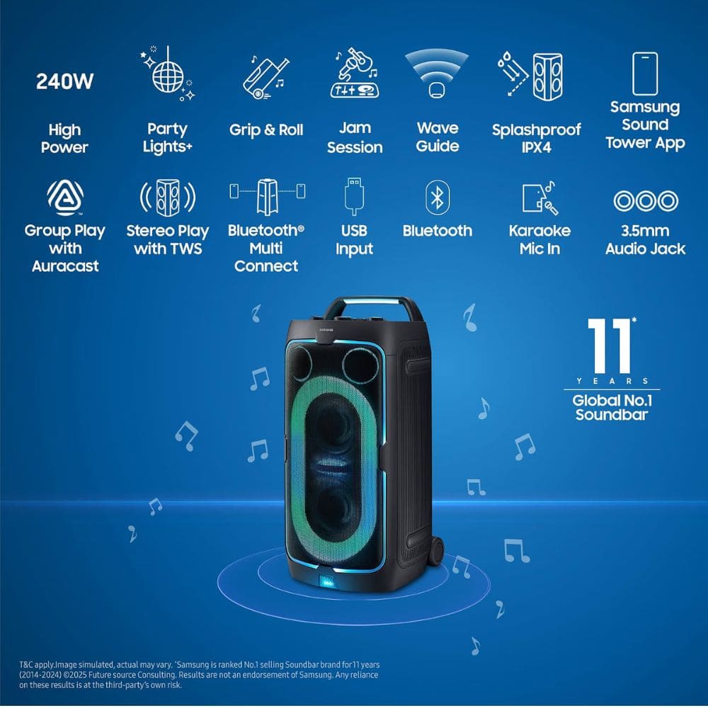 Samsung 240 Watts Bluetooth Party Sound Tower with in-Built Battery Soundbar (MX-ST50F/XL,Black)