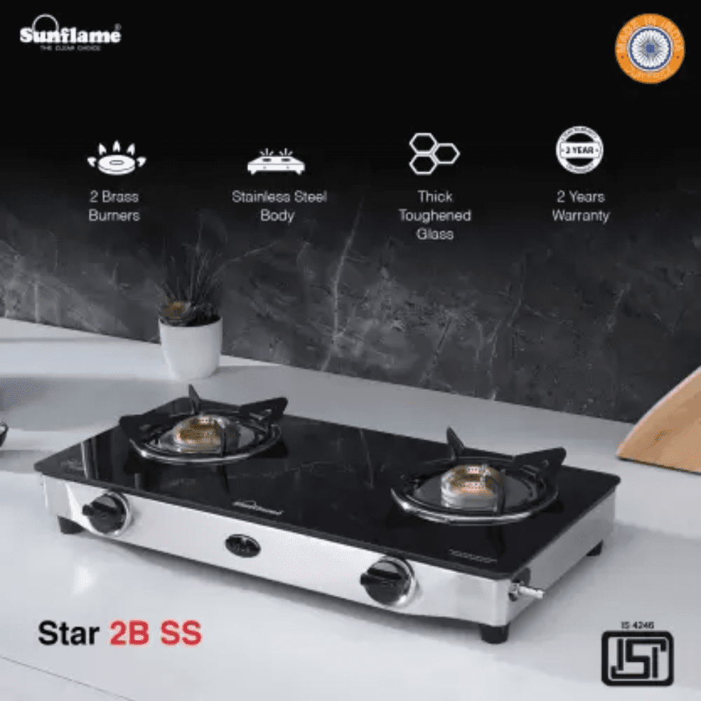 Sunflame Cooktop, Star 2B SS, 2 Burner 58 cm Manual Ignition Glass Top Stainless Steel Burner 2 Medium Gas Stove (Black)