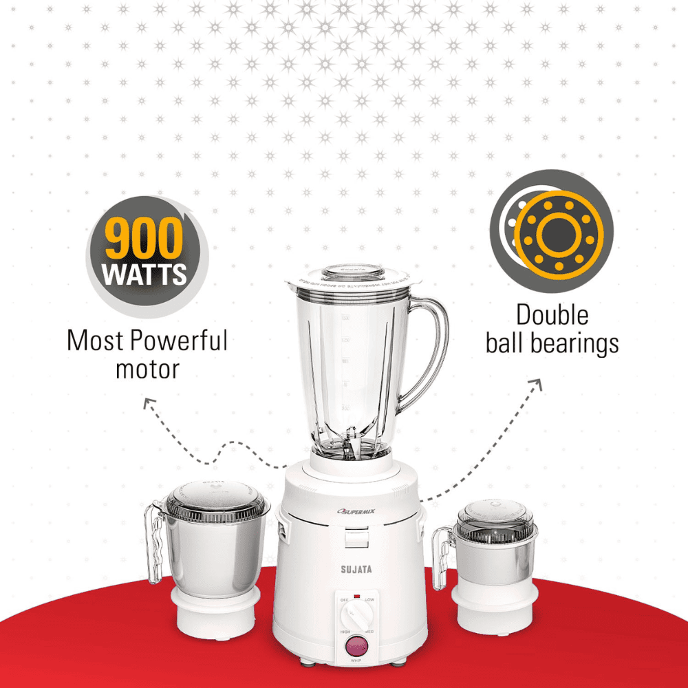 Sujata 900 Watts Mixer Grinder with 3 Jars ( Supermix, White)