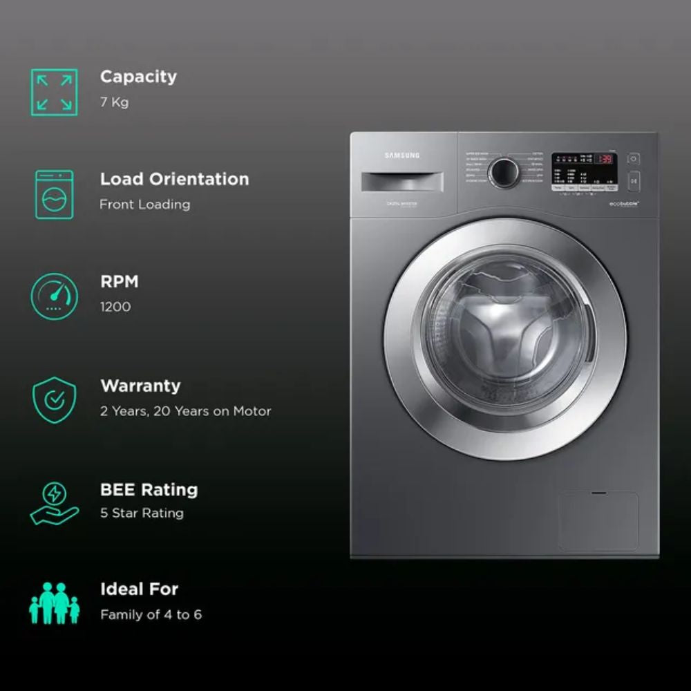 Samsung 7 Kg 5 Star Fully Automatic front Load Washing Machine (WW70R22EK0X, Black Caviar)