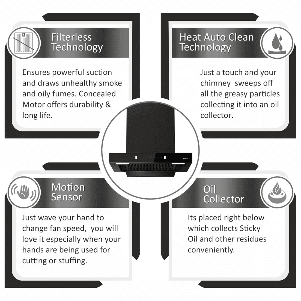 Elica SPT HAC 600 MS NERO, 60 cm 1310 m3/hr Auto Clean Vertical Glass Kitchen Chimney (Black)