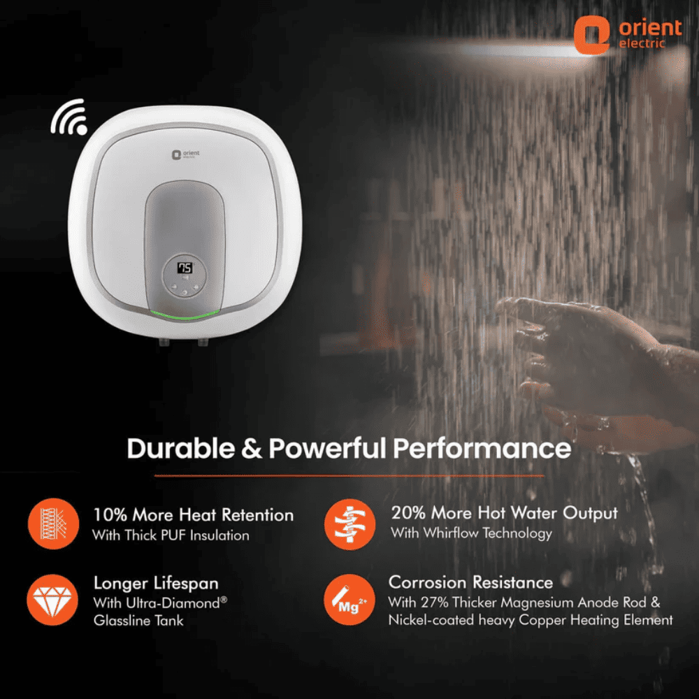 Orient Aquator IoT + 15L, 15 Ltrs Storage 5 Star, Wall Mounting Water Heater Geyser (Aquator IoT+15L, White)