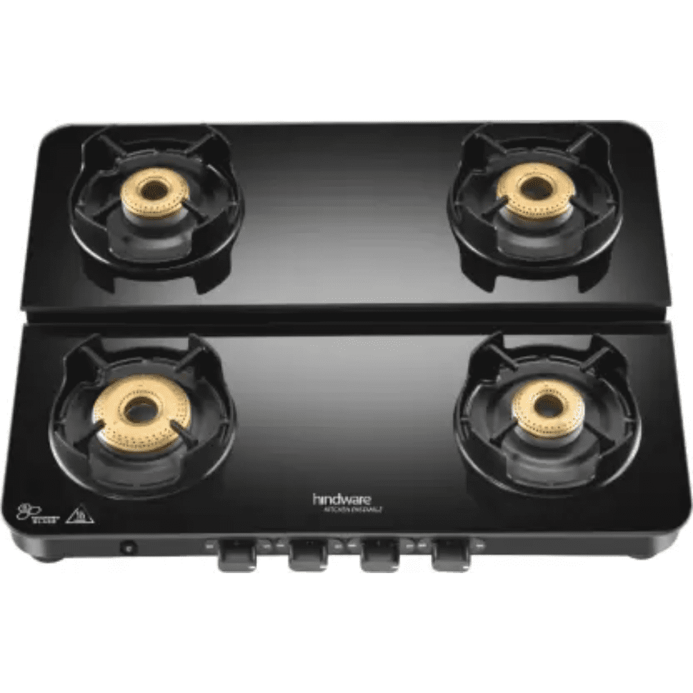 Hindware Cooktop, ALVERIO DPLX 4B4 Burner 63 cm Glass Top Stainless Steel Burners 4 Medium Gas Stove (Black)