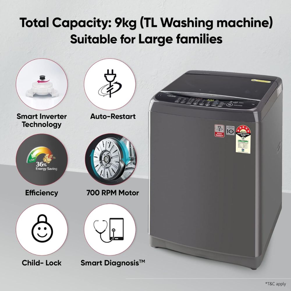 LG 9 Kg 5 Star Fully-Automatic Top Load Washing Machine (T90AJMB1Z, Middle Black)