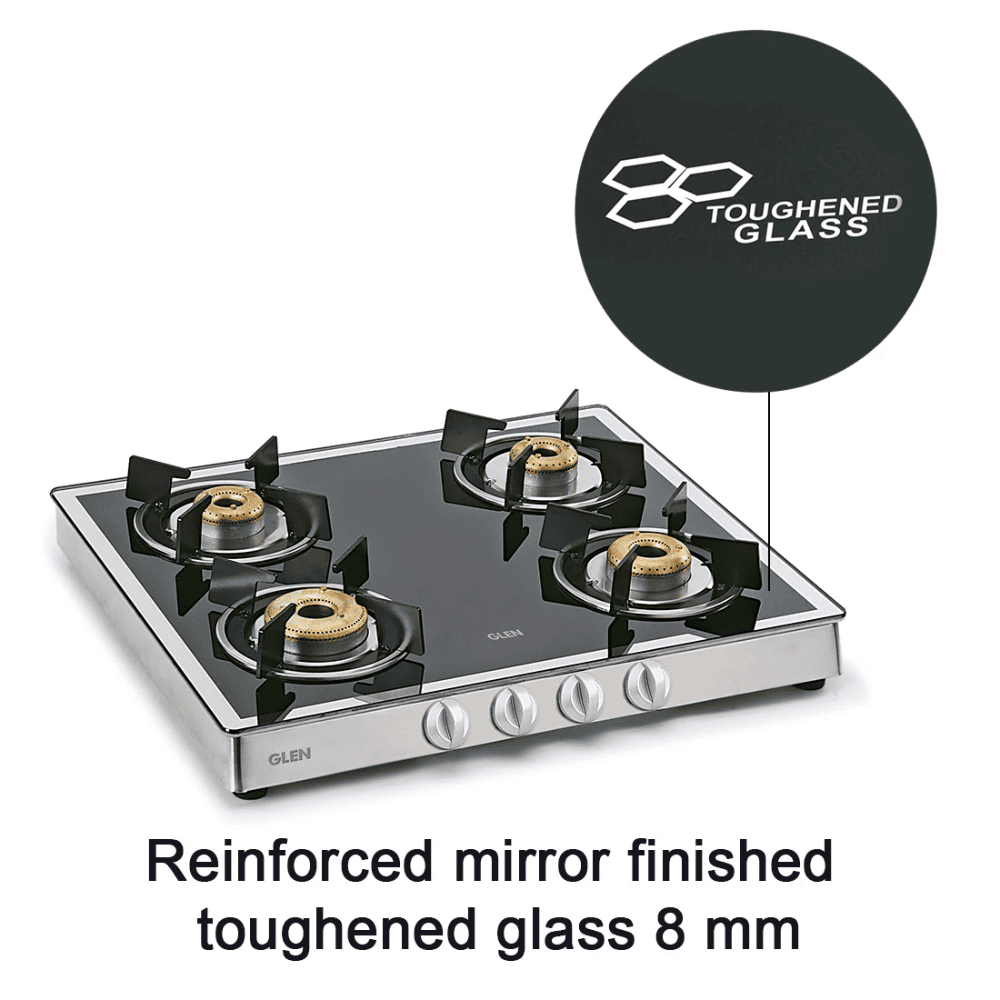 Glen Cooktop,1042 GT FORGED BB MIRROR, 3 Burner 60 cm Auto Manual Glass Top Brass Burner 1 Big + 1 Medium + 1 small Gas Stove (Black)
