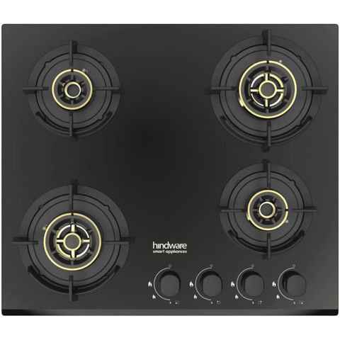 Hindware Hob , HAZEL 4B 60, 4 Burner 60 cm Auto Ignition Glass Top Full Brass Burners 2 Medium + 1 small +1 High withFlame Guard Round Pan (Black)