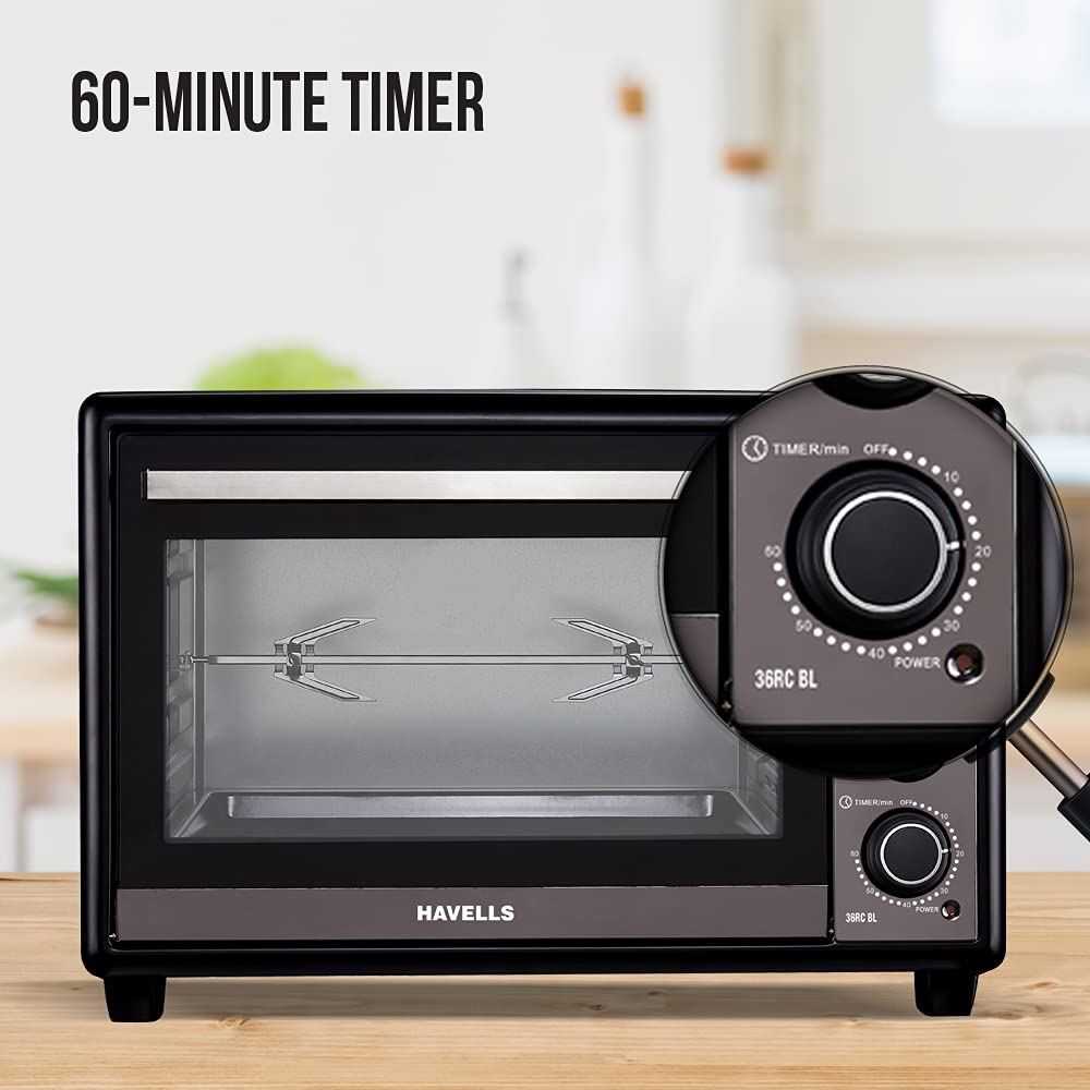 Havells 36RC, 1500 Watts 36 LitresToughened Double Glass Door Oven, 4 Knob with Dual Thermostat (Black)