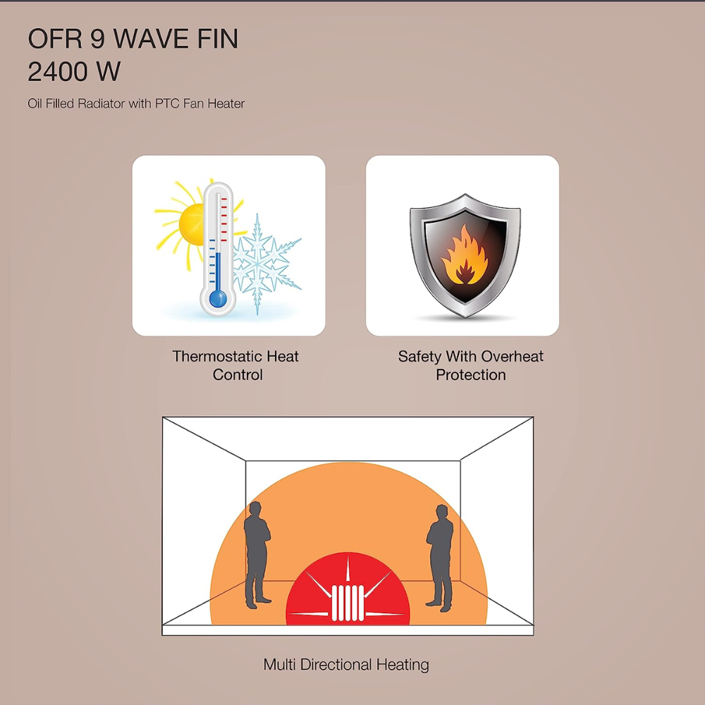 Havells 9 Wave Fins, 2400 Watts Oil Filled Radiators Room Heater with PTC Fan (OFR9F, Beige)