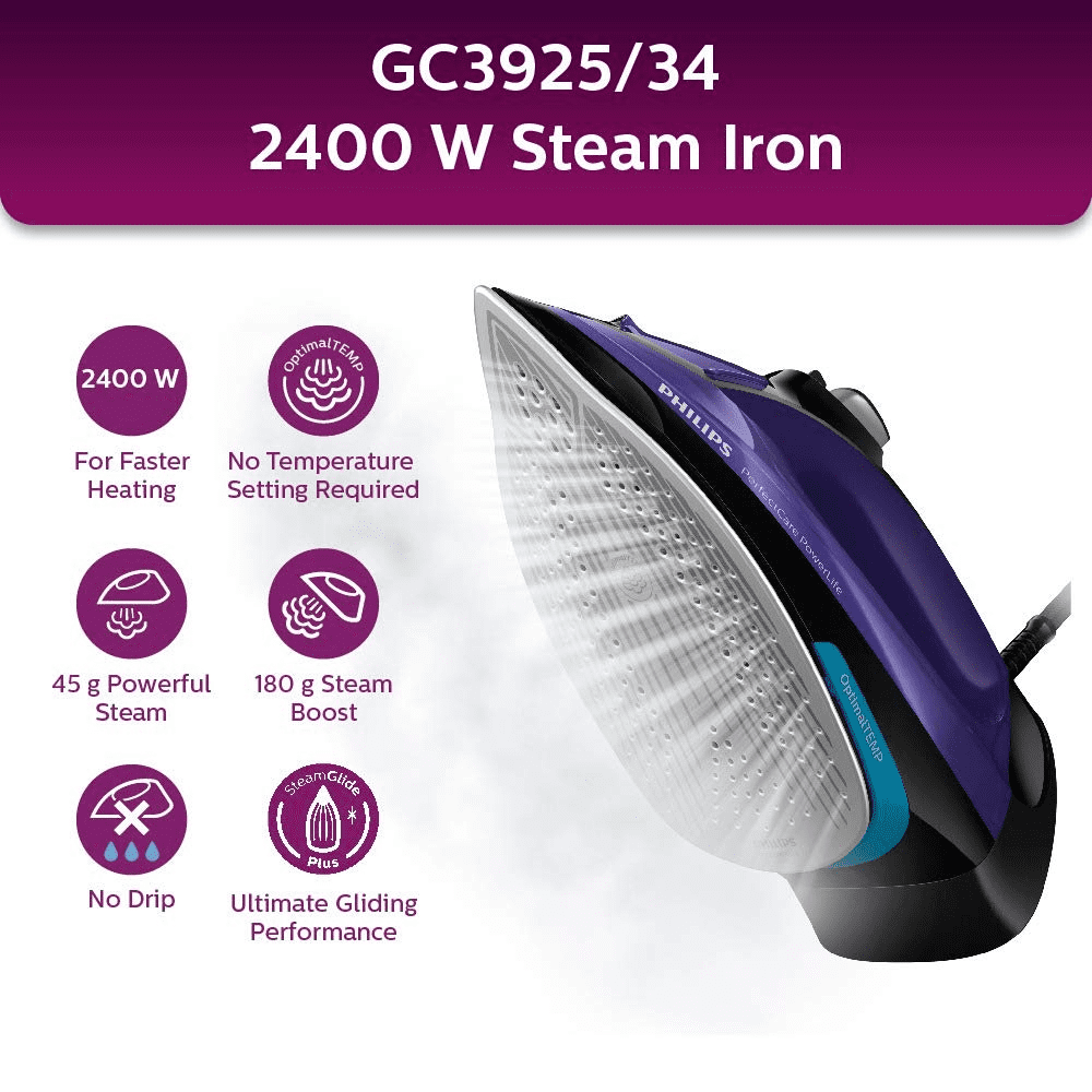 Philips GC3925/34, 2400 Watt Steam Iron (Purple)