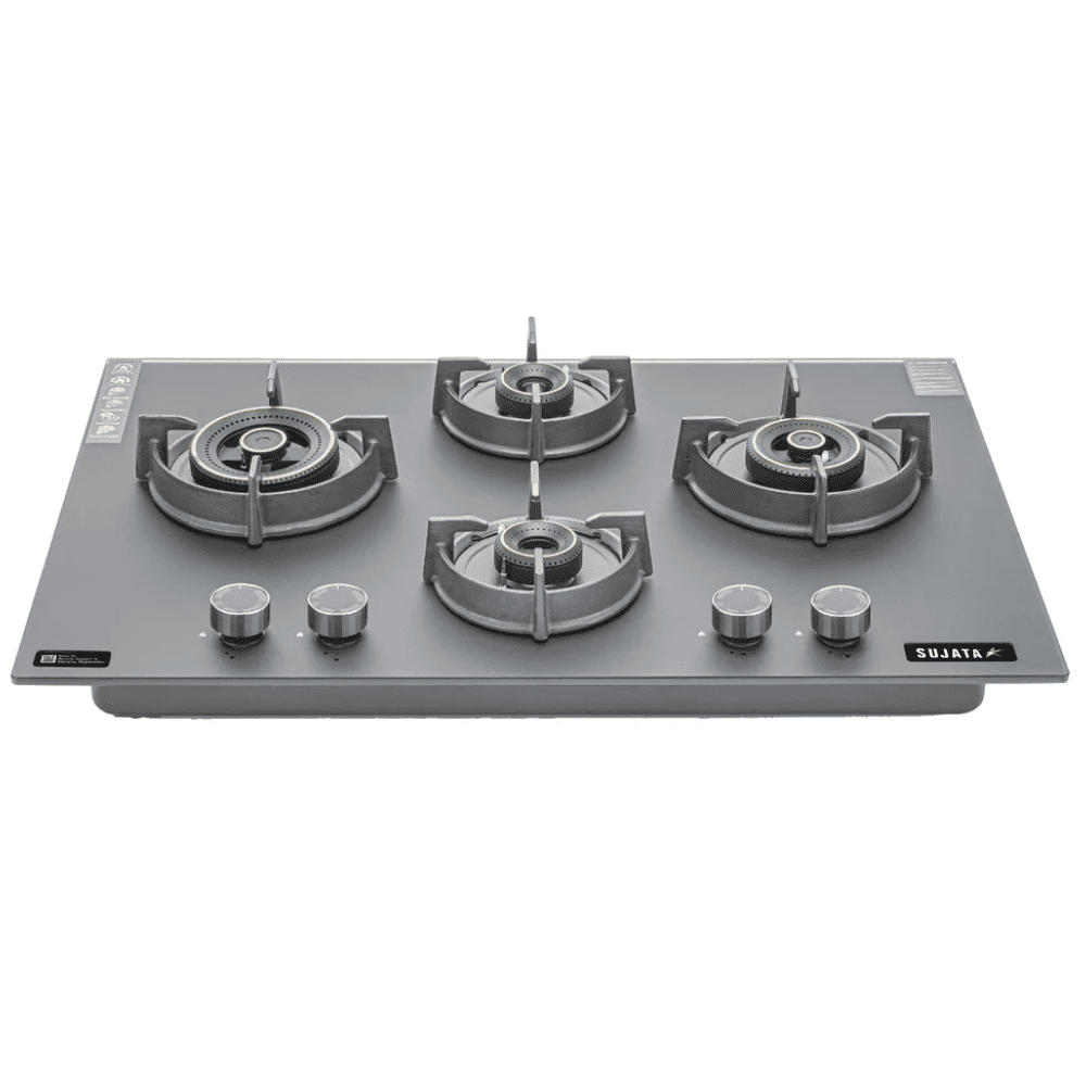 Sujata Hob, 4 Burner 78 cm Auto Ignition Glass Top Brass Burner 1 Larg + 1 Medium + 2 small (Palladium FB 4B78CR FFD, Black)