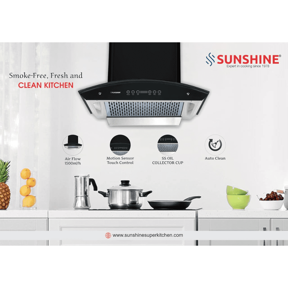 Sunshine NEXA, 60 cm 1200 m3/hr Auto Clean Wall Mounted Hood Chimney, Filterless Technology, Touch Control (Black)