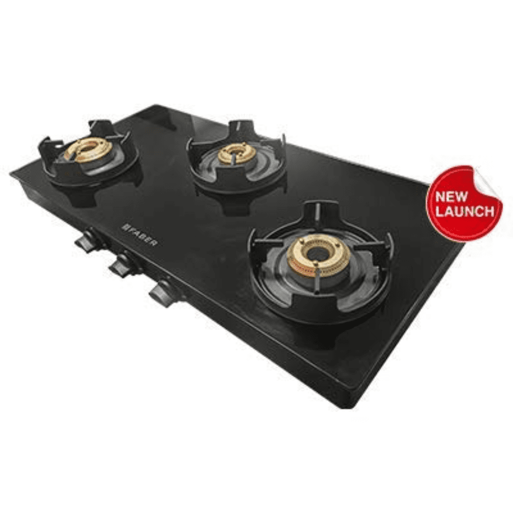 Faber Cooktop, ONYX 3BB BK CI, 3 Burner 70 cm Manual Ignition Glass Top Brass Burners 1 Small + 2 Medium Gas Stove (Black)