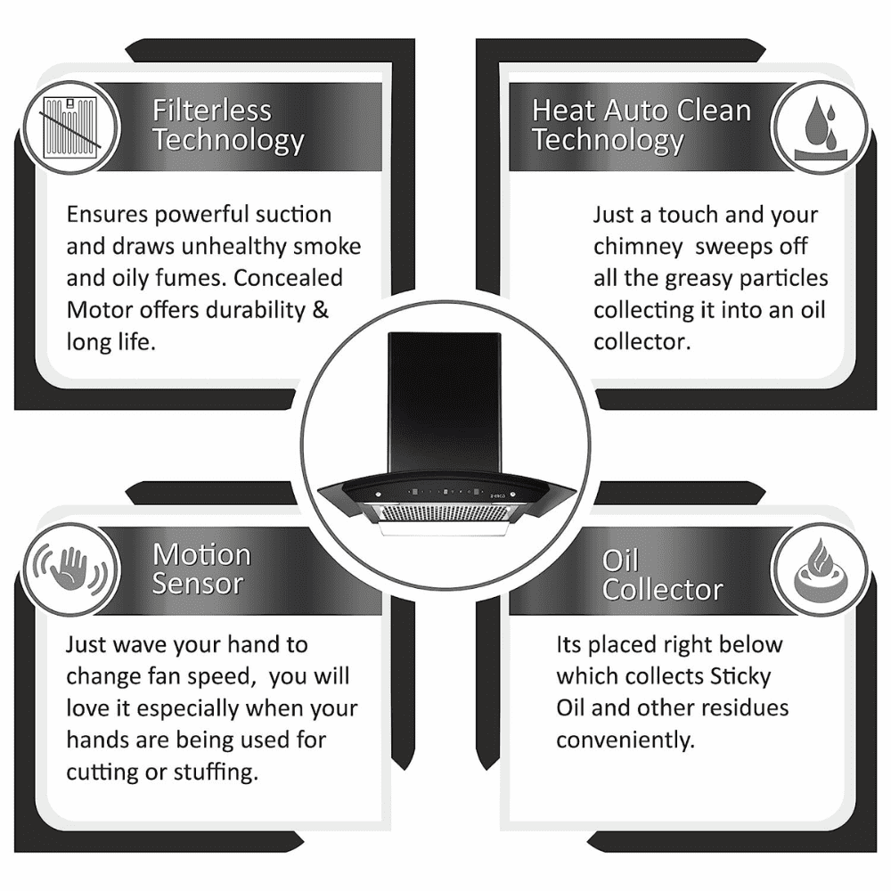 Elica WDFL 606 HAC LTW MS NERO, 60 cm 1200 m3/hr Filterless Autoclean Kitchen Chimney (Black)