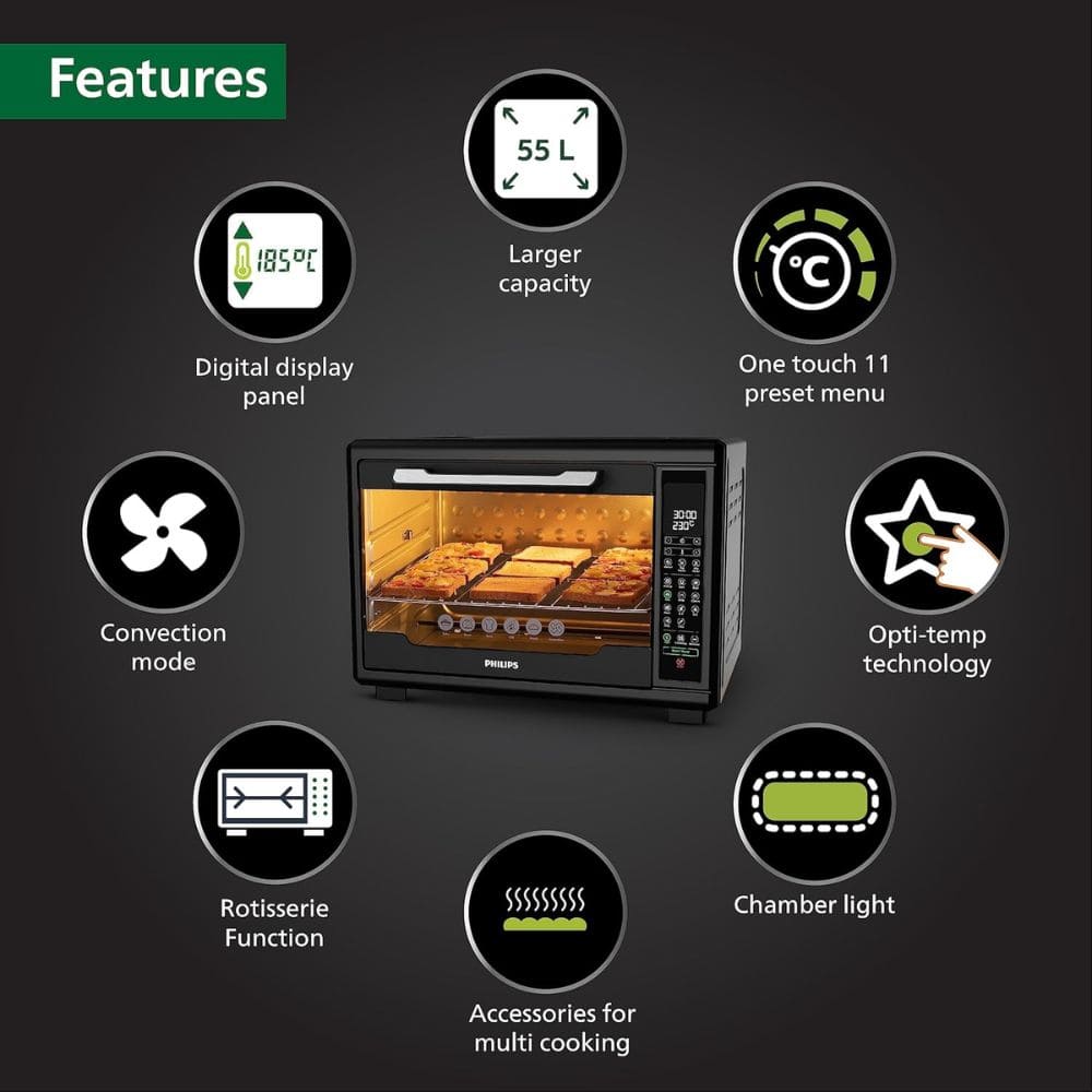 Philips 2000 Watts 55 Litres Digital Oven Toaster Grill, with Opti Temp Technology (HD6977/00, Black)
