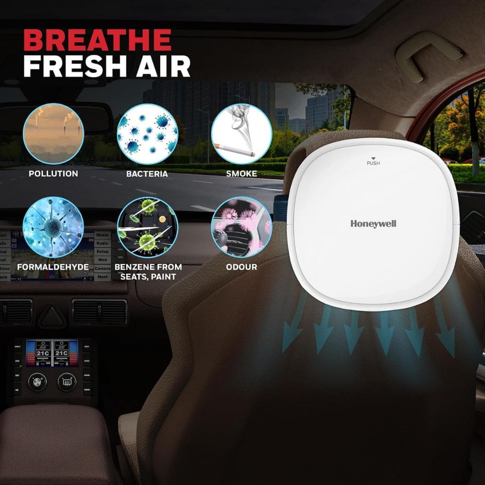 Honeywell Move Pure 3, 2 stage filtration process with HEPA Filter Car Air Purifier (57sqft, White)