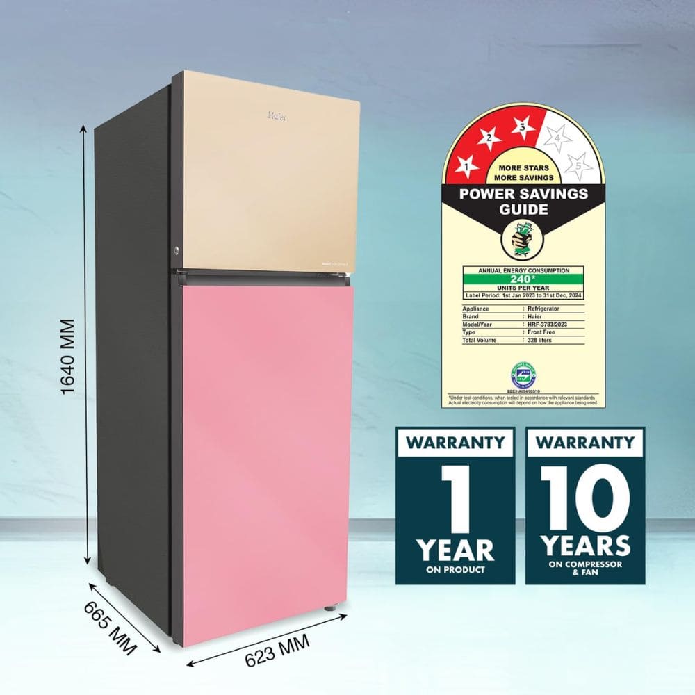 Haier 328 Ltrs, 3 Star Convertible 10 in 1 Triple Inverter Frost Free Double Door Refrigerator (HRF 3783CPG P, Cream Pink Glass)