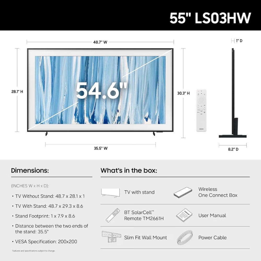 Samsung QA55LS03HEULXL, 55 Inches 4K Ultra HD QLED TV, Black