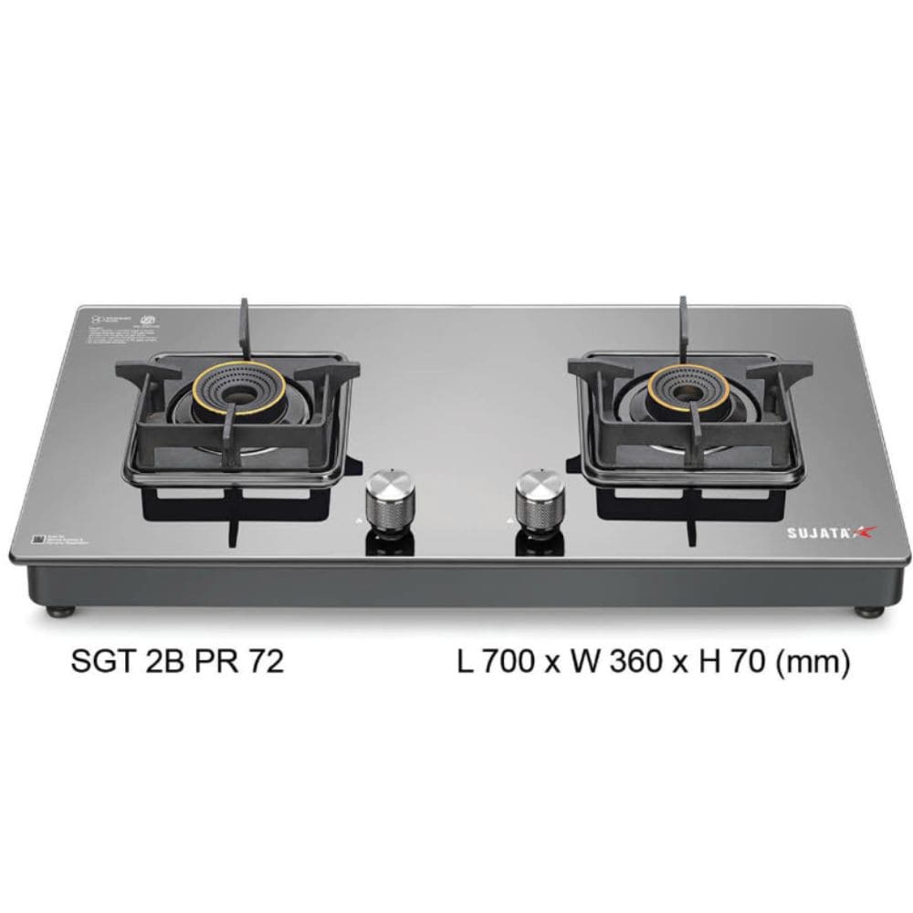 Sujata Cooktop Premium AI, 2 Burner Glass Top Auto Ignition Forged Brass Burner Gas Stove (Black)