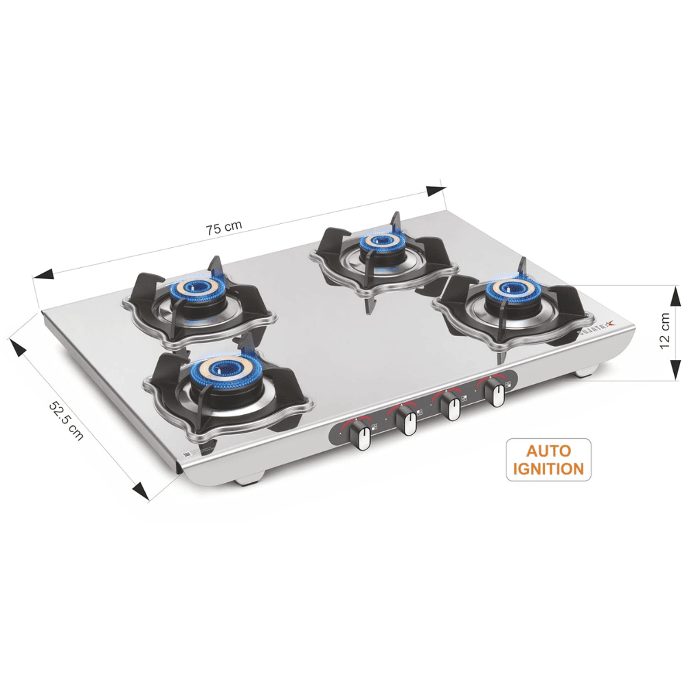 Sujata Cooktop Sterno AI, 4 Burner Auto Ignition Stainless Steel Glossy SS Body Gas Stove (Silver)