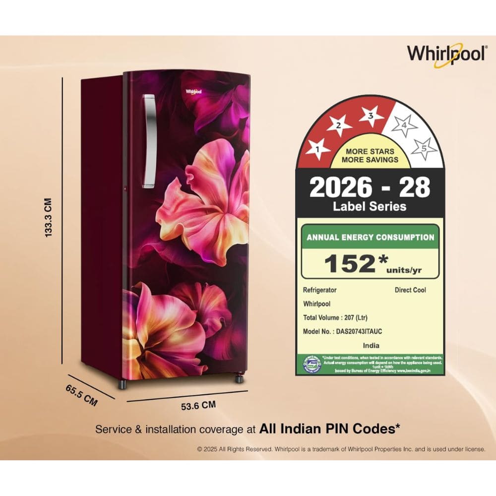 Whirlpool 207 Ltrs, 3 Star Icemagic Pro Inverter Direct Cool Single Door Refrigerator (230 IMPRO PRM 3S WINE SILK Y, Red)