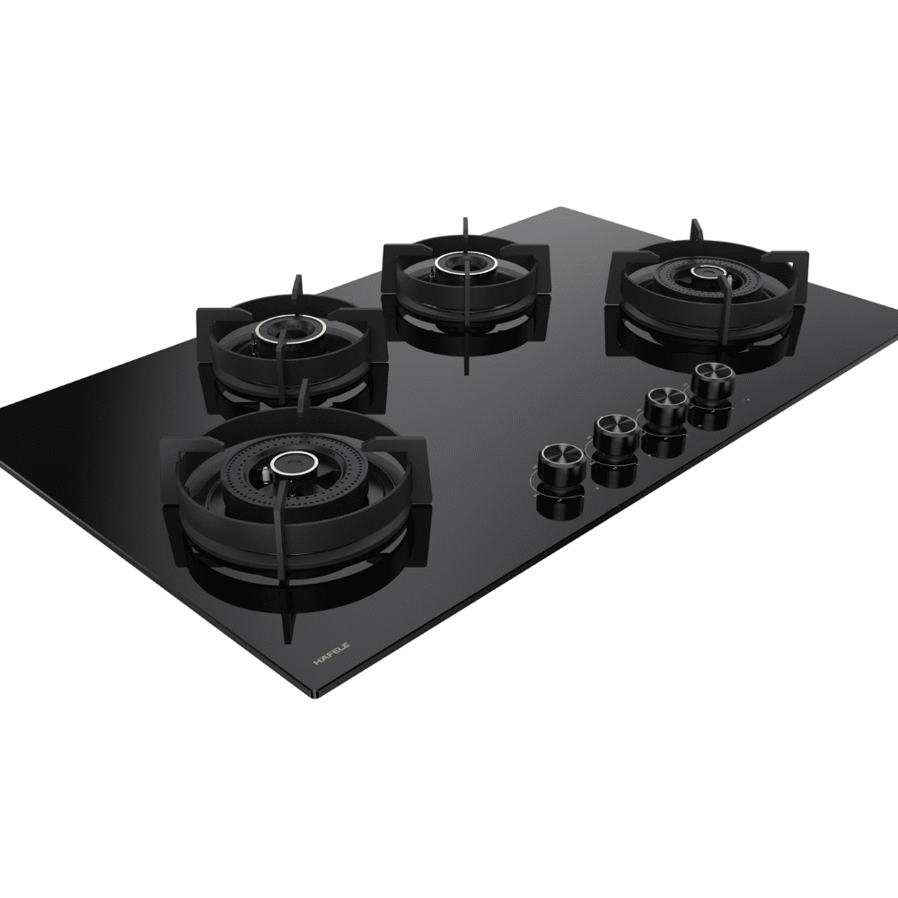 Hafele Hob, VESTA 490, 4 burner 90 cm Auto Ignition Glass Top Full Brass Burners 2 Medium + 2 Small Gas Stove (Black)