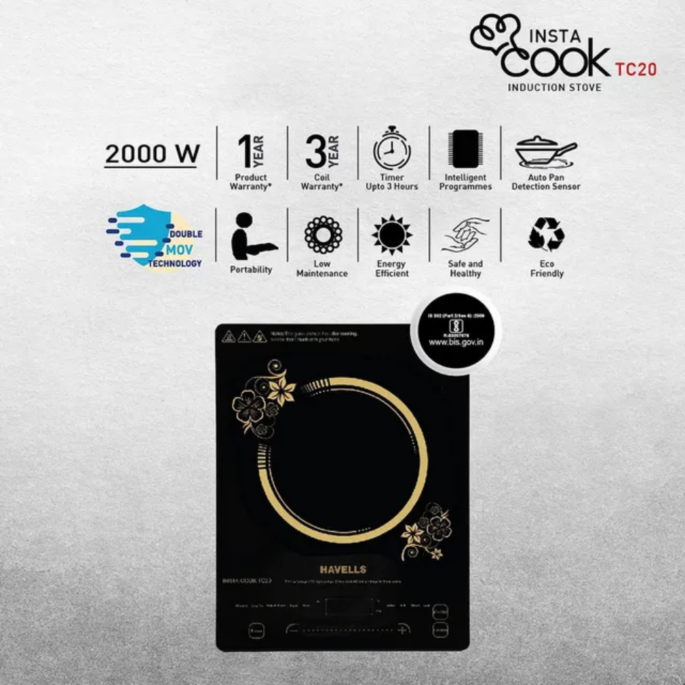 Havells Insta Cook TC20, 2000 Watts Single Induction Cooktop, Black
