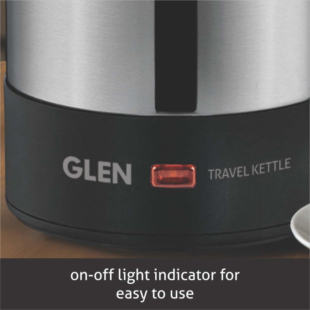 Glen Travel 9013, 1000 Watts 0.5 Litres Electric Travel Kettle Multicooker, Stainless Steel 2 Plastic Cups (Silver and Black)