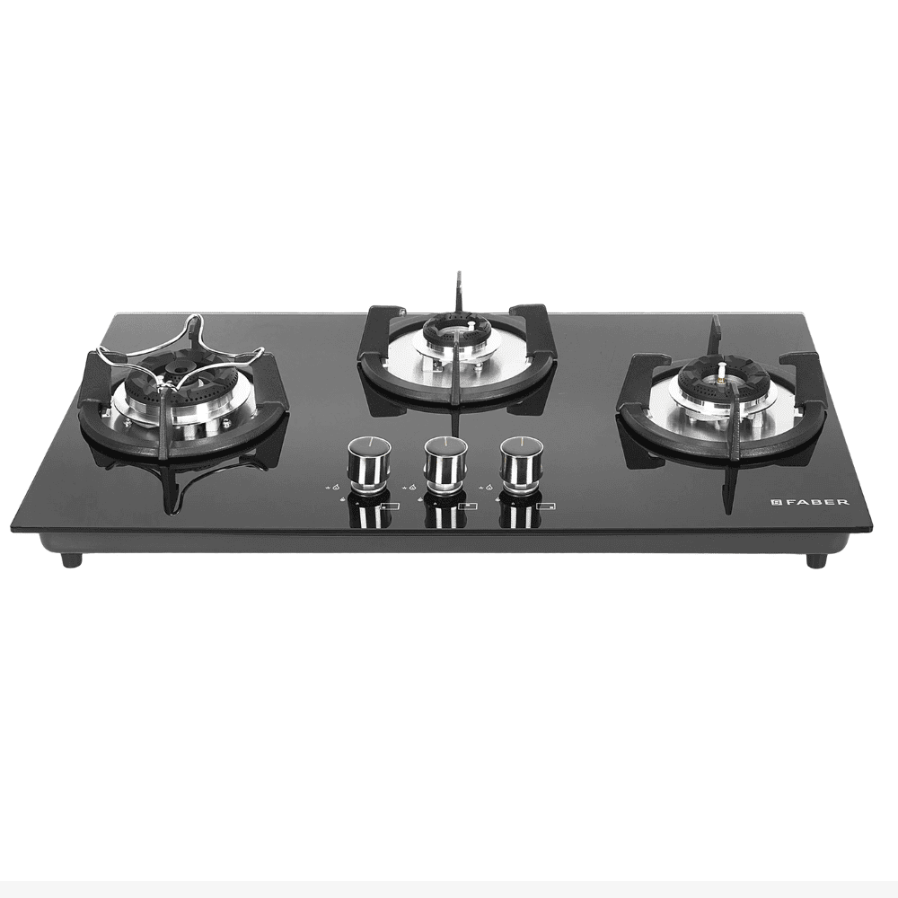 Faber Hob SUPERIA HT763 BR AI, 3 Burner 60 cm Auto Toughened Glass Top Full Brass Burners 1 Medium + 1 small +1 High with Dual Flame (Black)
