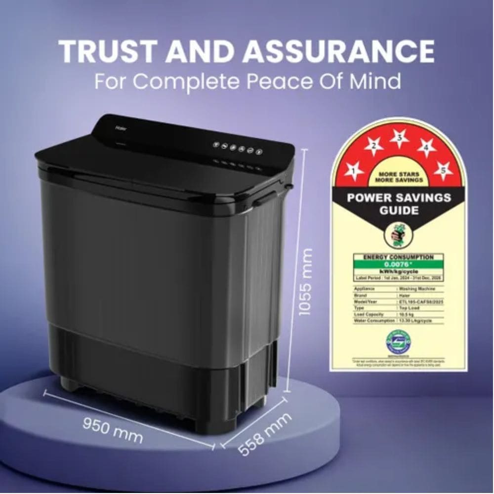 Haier 14 Kg 5 Star Semi-Automatic Top Load Washing Machine (HTW140-178BK,Black)