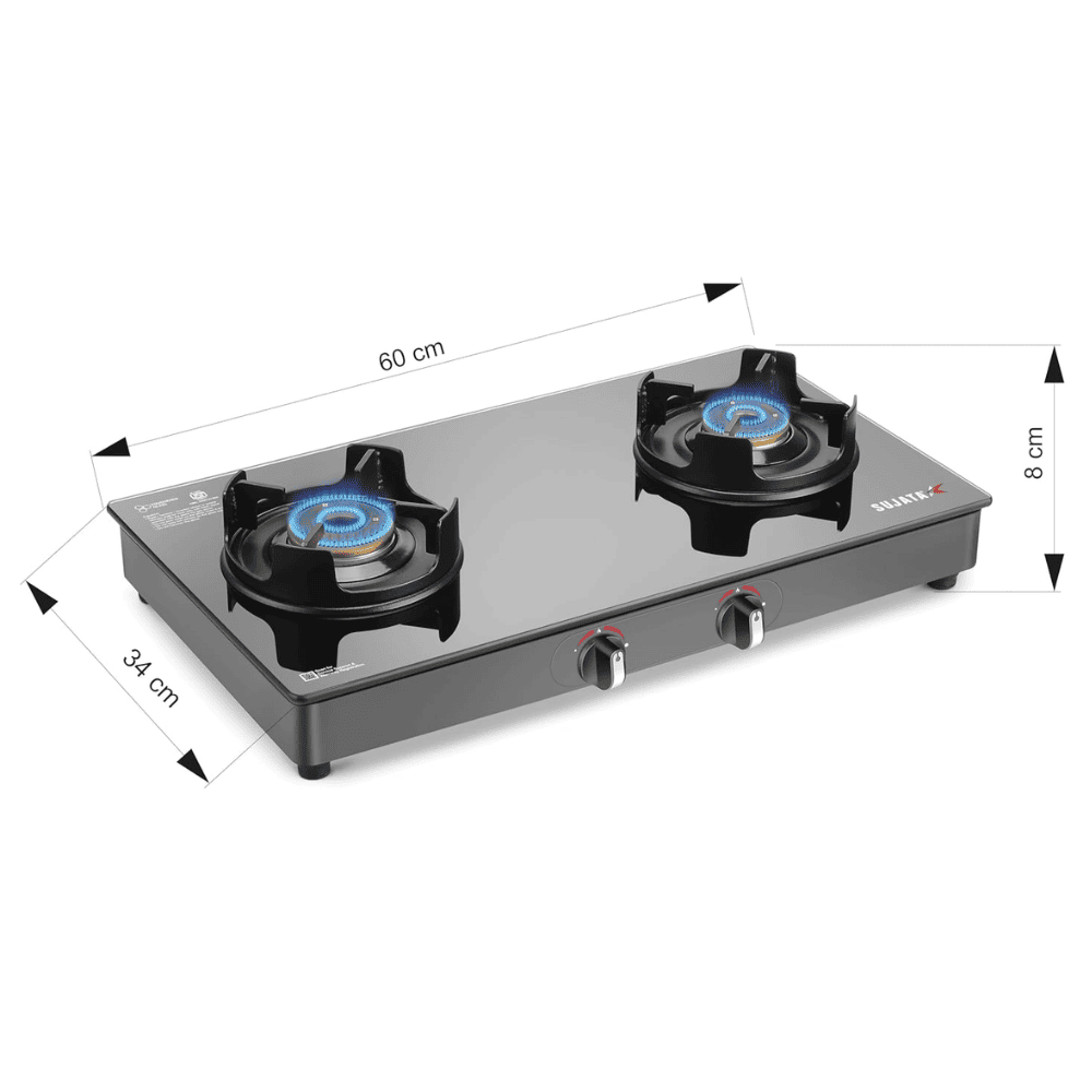 Sujata Cooktop Deluxe, 2 Burner Glass Top Brass Burner Gas Stove (Black)