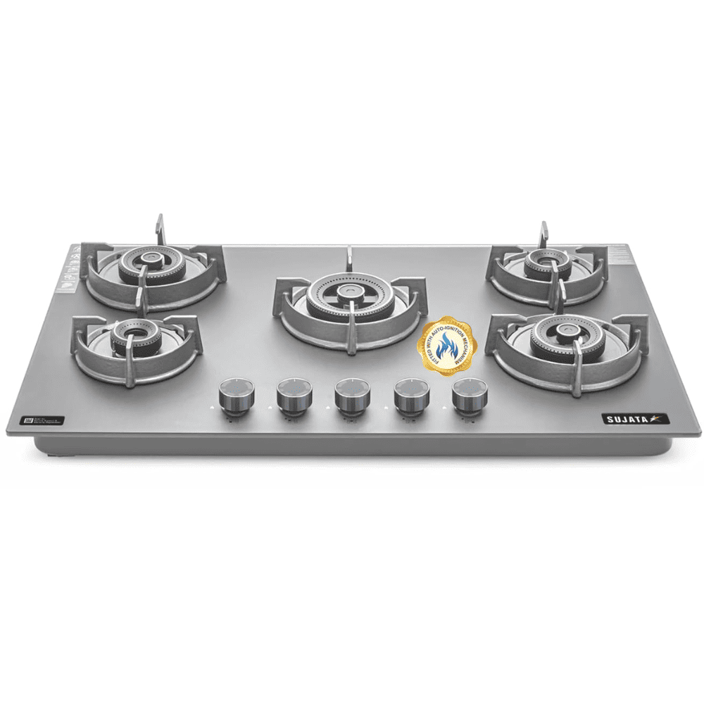 Sujata Hob, 5 Burner 90 cm Auto Ignition Glass Top Brass Burner 1 Larg + 1 Medium + 2 small (Palladium FB 5B86, Black)