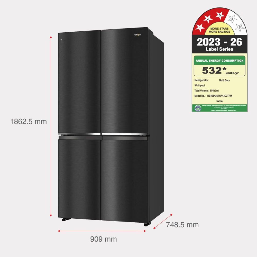 Whirlpool 654 Ltrs, 3 Star Inverter Frost Free 4 Door Side by Side Refrigerator (LX QUAD 680 CNV WD IC IA Cosmos Black)