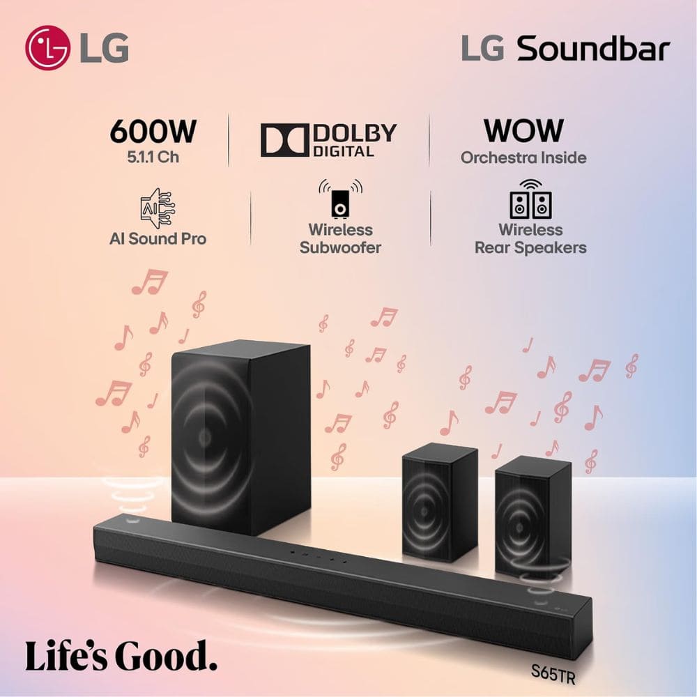 LG 600 Watts Wireless Dolby Atmos True with Subwoofer Soundbar (S65TR.CINDLLK, 5.1 Channel)