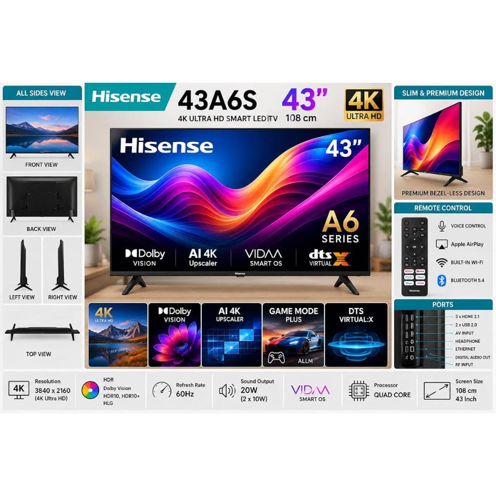 Hisense 43A6S, 43 Inches 4K Ultra HD Smart TV, Black