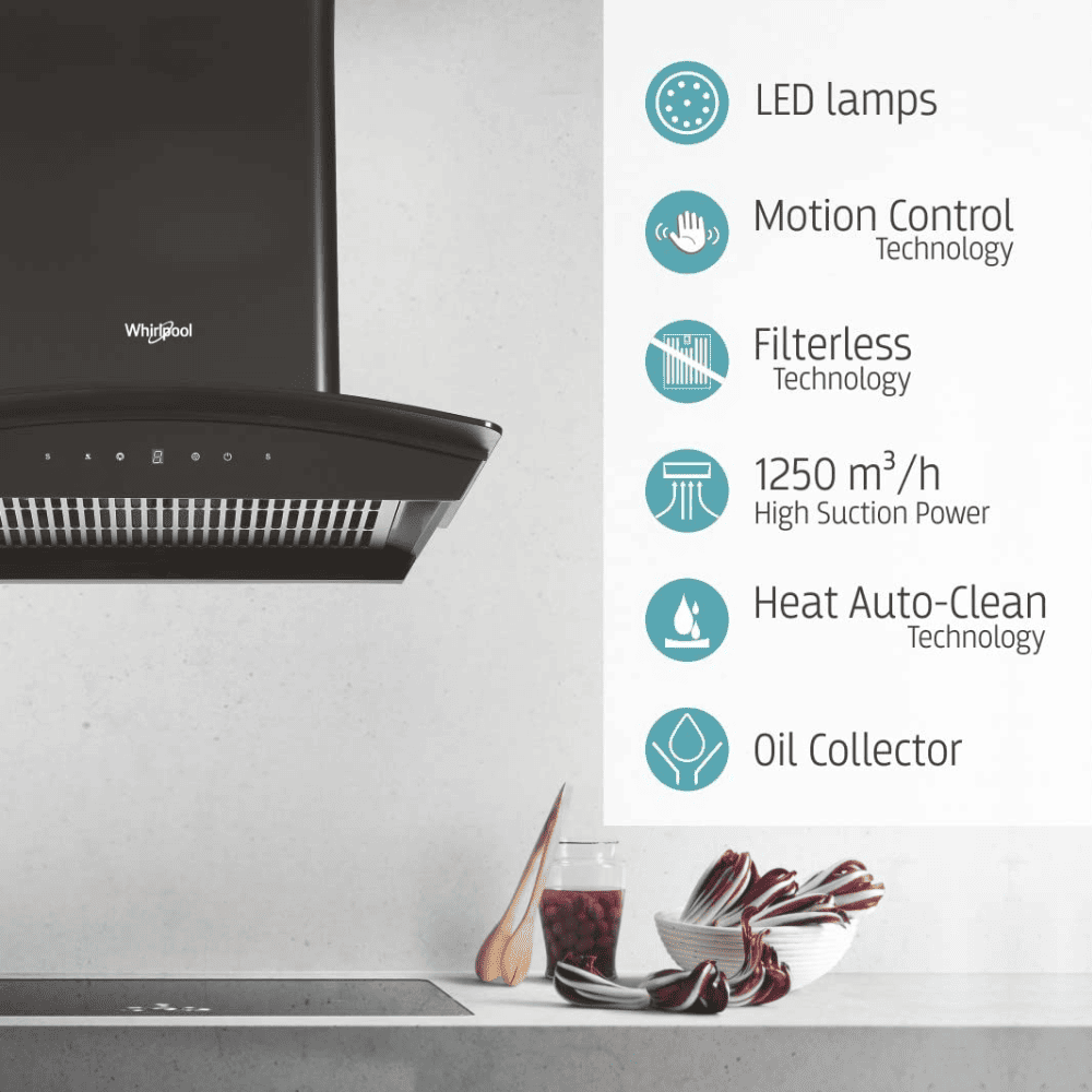 Whirlpool CGFL PRO 602 HAC, 60 cm 1425 m3/hr Auto Clean Wall Mounted Kitechen Chimney, Touch + Motion Sensor Control with Filterless Technology (Black)