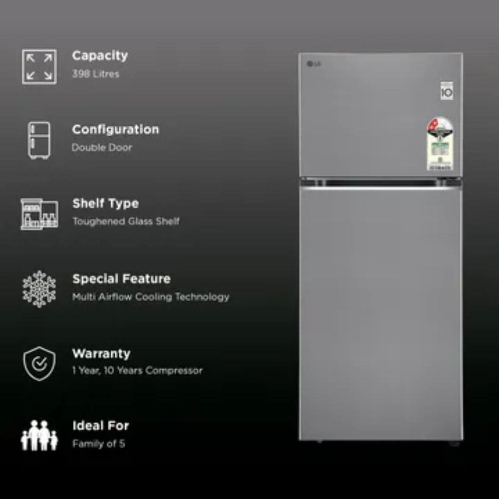 LG 398 Ltrs, 2 Star Frost Free Wi Fi Convertible Double Door Refrigerator (GLT4026SNPZ, Shiny Steel)