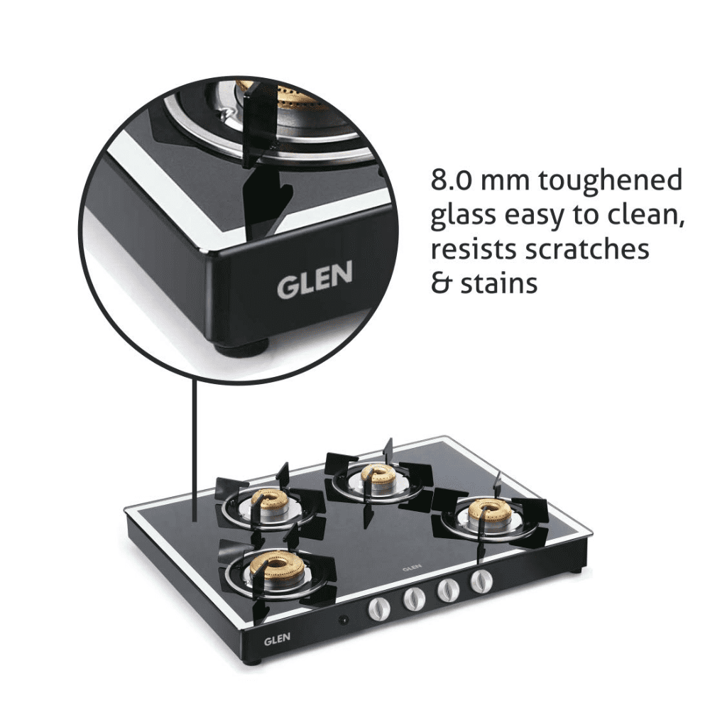 Glen Cooktop, 1048 GT AI FORGED BB MIRROR, 4 Burner 70 cm Auto Ignition Mirror Finished Glass Top Brass Burner 4 Medium LPG Gas Stove (Black)