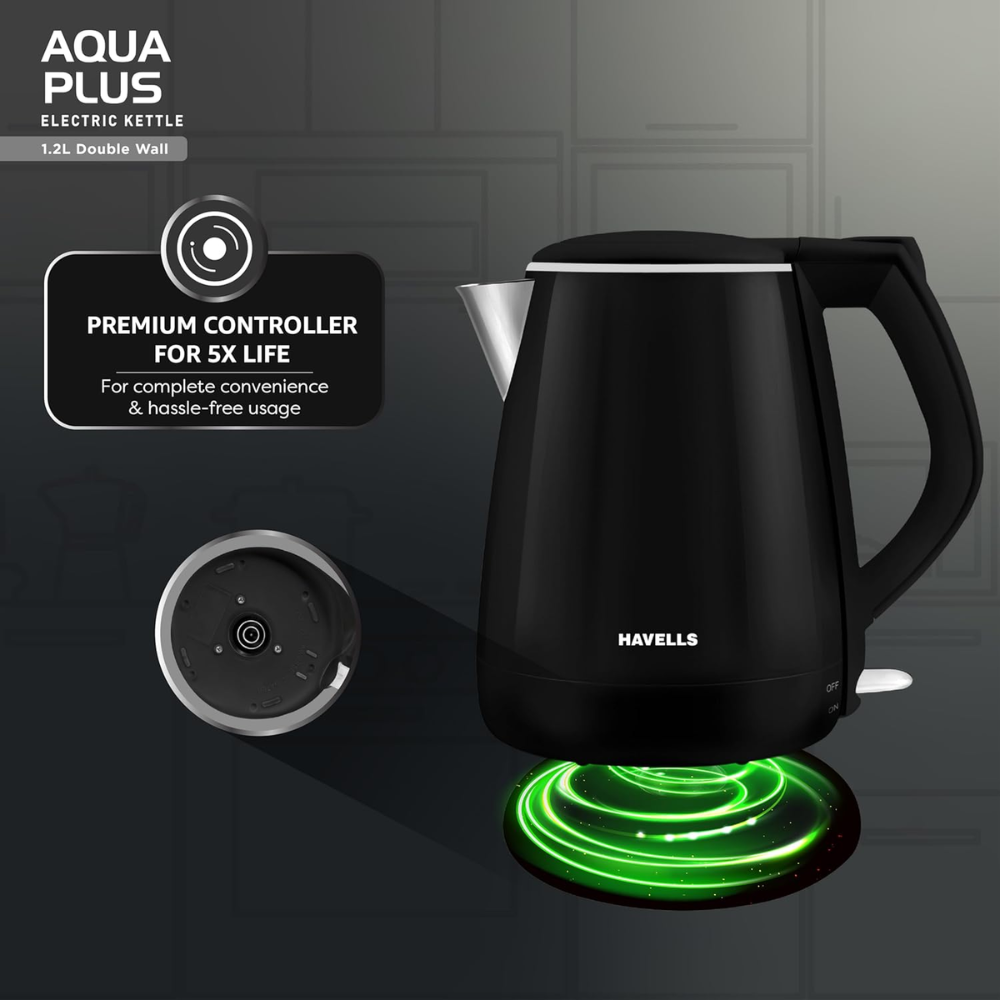 Havells GHBKTATK125, 1250 Watts 1.2 Litres AQUA BLACK+ Electric Aqua Plus Kettle, Double Layered Cool Touch Outer Body (Black)