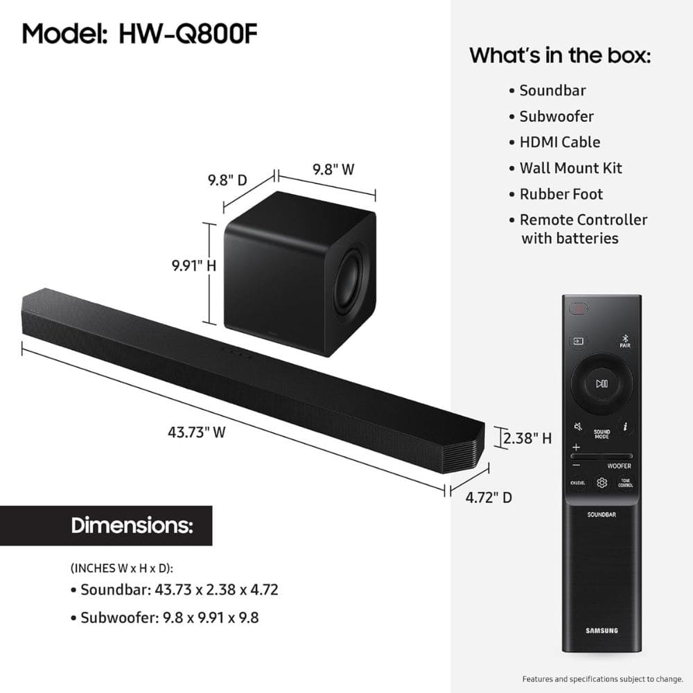 Samsung 400 Watts Wireless Dolby Atmos True HD with Subwoofer Soundbar (HW-Q800F/XL, Black, 5.1 2Channel)